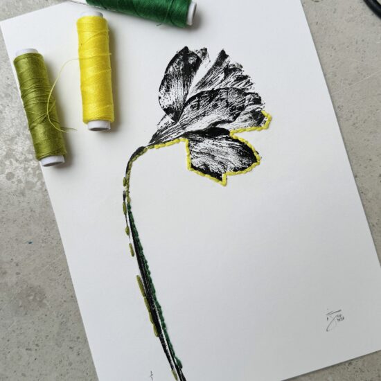 Daffodil Monoprint with Thread