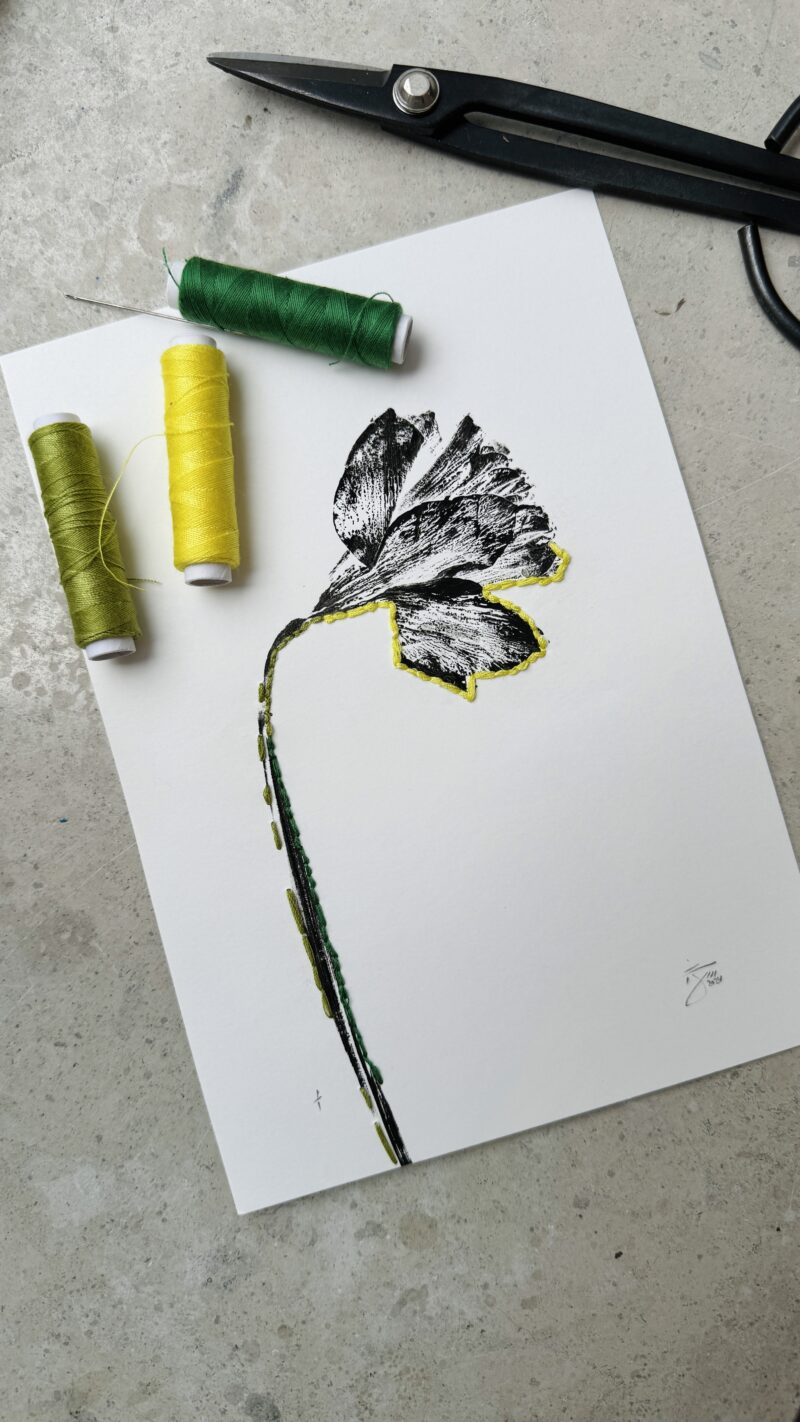 Daffodil Monoprint with Thread